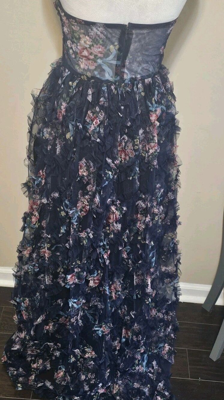 LULUS Stunning Element Navy Floral Mesh Ruffled Strapless Maxi Dress Size Small - Picture 3 of 13